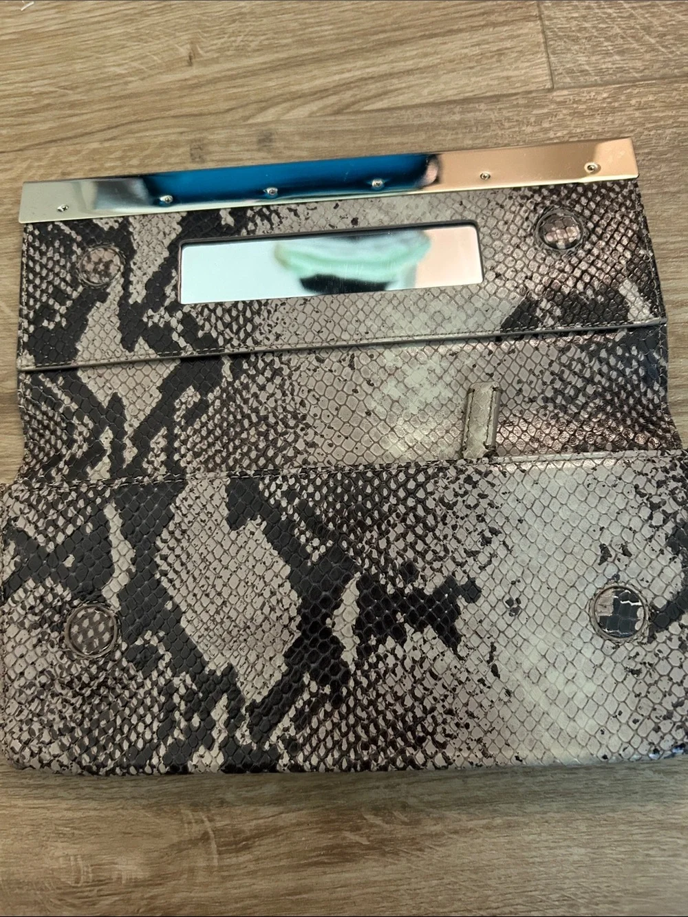 Calvin Klein Snake-Print Clutch Wallet in Beige and Black with Gold Accent